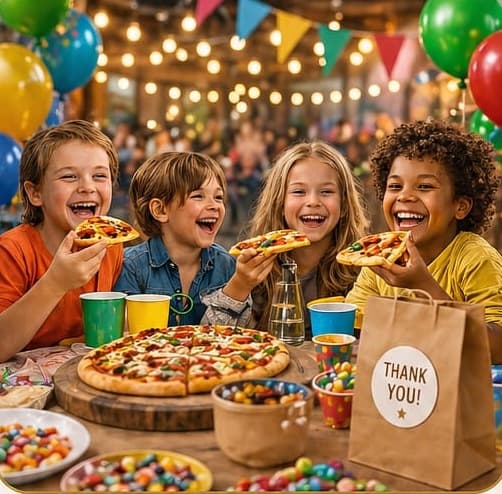 Children laughing and eating pizza at a birthday party with balloons and bunting