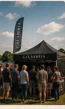 Calàbbria stall and flag at an outdoor festival, staff serving a queue of customers