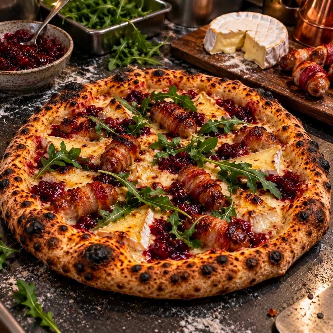 Stonebaked pizza topped with baked brie, pigs in blankets, cranberry and rocket