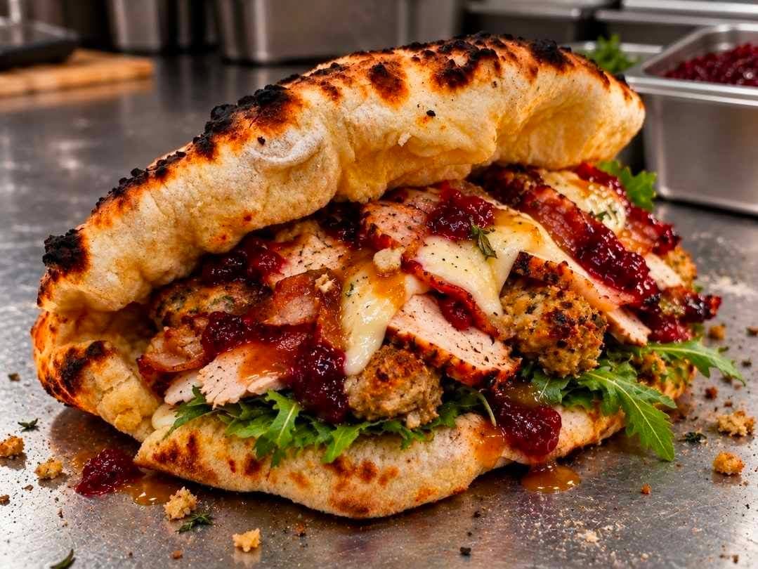 Festive pizza sandwich with turkey, cranberry and cheese