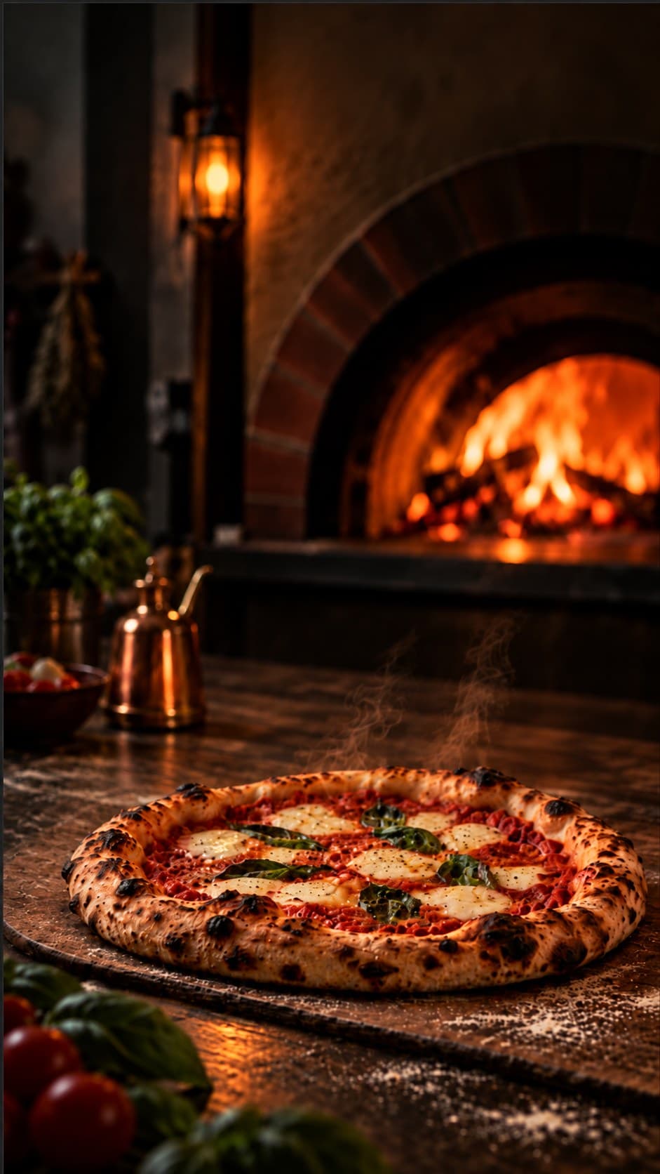 Fresh Neapolitan Margherita pizza low on a wooden counter in front of a lit wood-fired oven