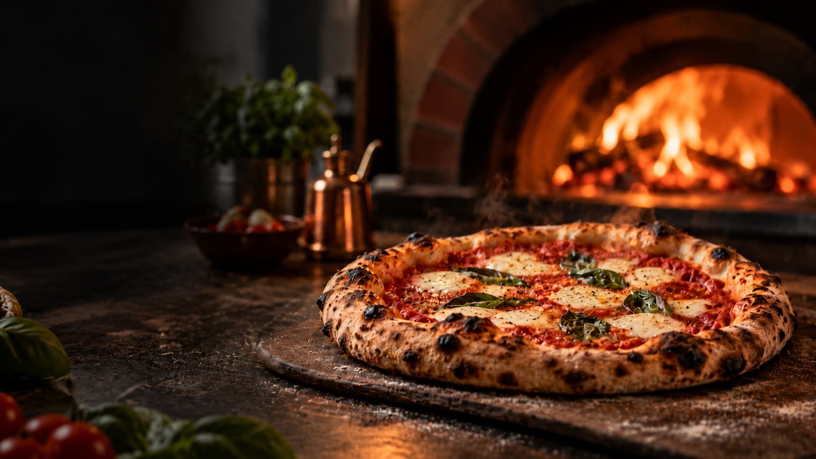 Fresh Neapolitan Margherita pizza on a wooden peel in front of a lit wood-fired oven