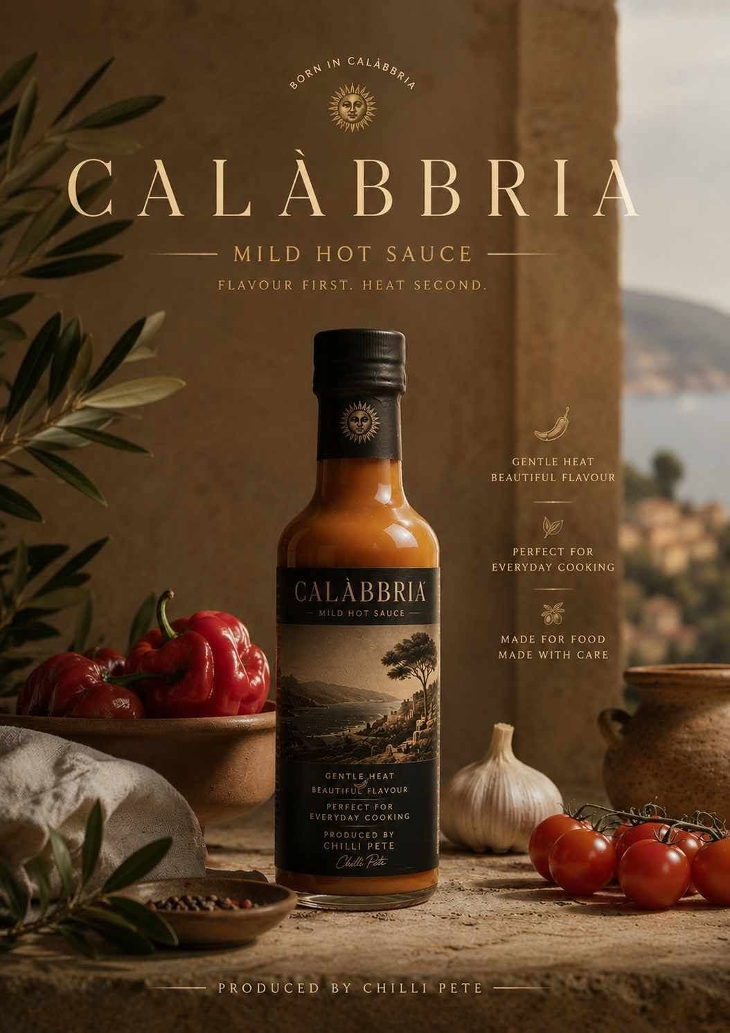 Bottle of Calàbbria Mild Hot Sauce, produced by Chilli Pete