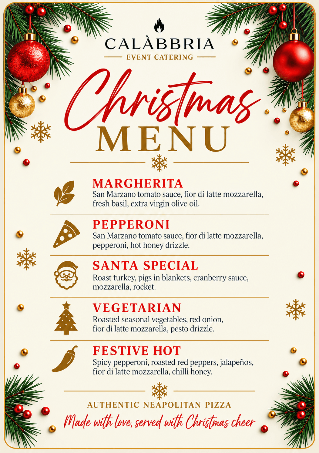 Christmas Menu — Margherita, Pepperoni, Santa Special, Vegetarian, Festive Hot